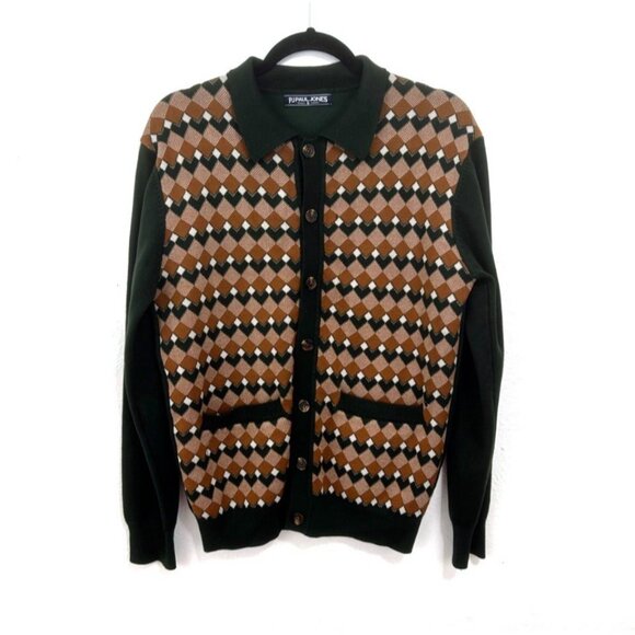 PJ Paul Jones VTG Inspired Argyle  Cardigan Sweater Collar Button Down Grandpa S - Picture 2 of 12